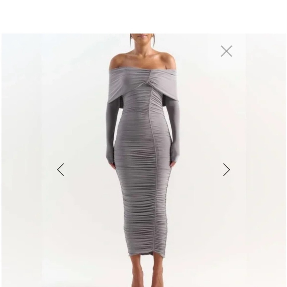 Gray Off-Shoulder Ruched Midi Dress